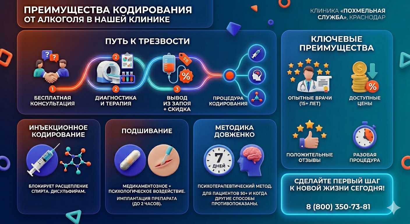 Инфографика о методах кодирования от алкоголя в Белой Холунице: инъекции, подшивание, метод Довженко. Преимущества клиники и этапы лечения.