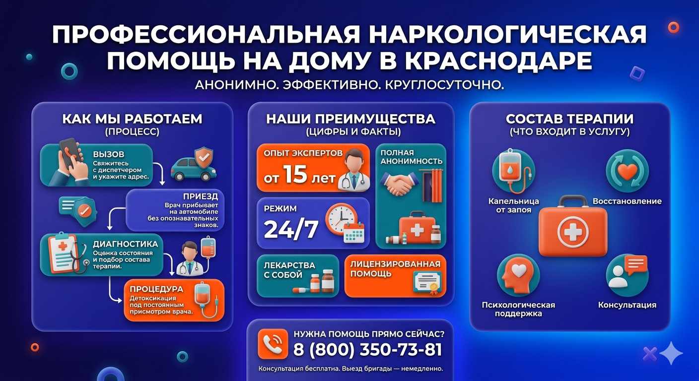 Инфографика о принципах лечения алкоголизма на дому в Белой Холунице: этапы вызова нарколога, преимущества анонимной детоксикации и состав медицинской помощи.